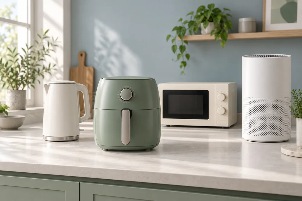 An air fryer, kettle, microwave and air purifier on a bright kitchen counter.